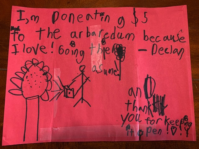 Declan's letter: I'm donating $5 to the Arboretum because I love going there! Awesome! And thank you for keeping it open! (It looks like a flower with a bee which is also great!)
