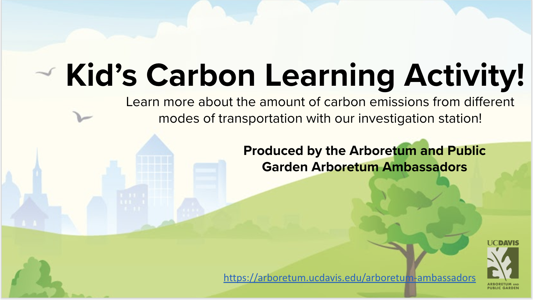 Title page image for the Carbon Learning Activity, with green background with trees and buildings