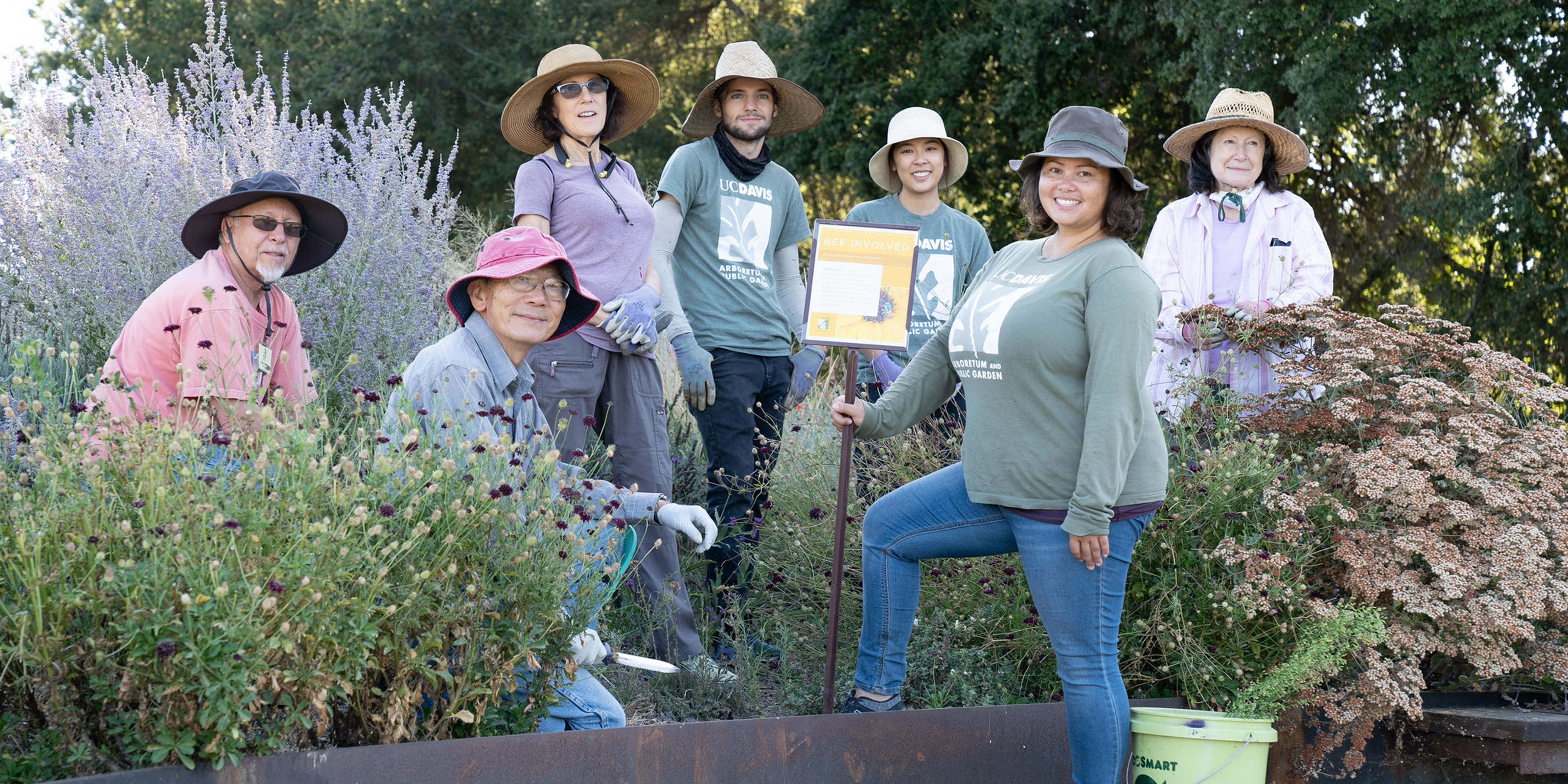 Image of a group of all-ages volunteers in a garden setting.