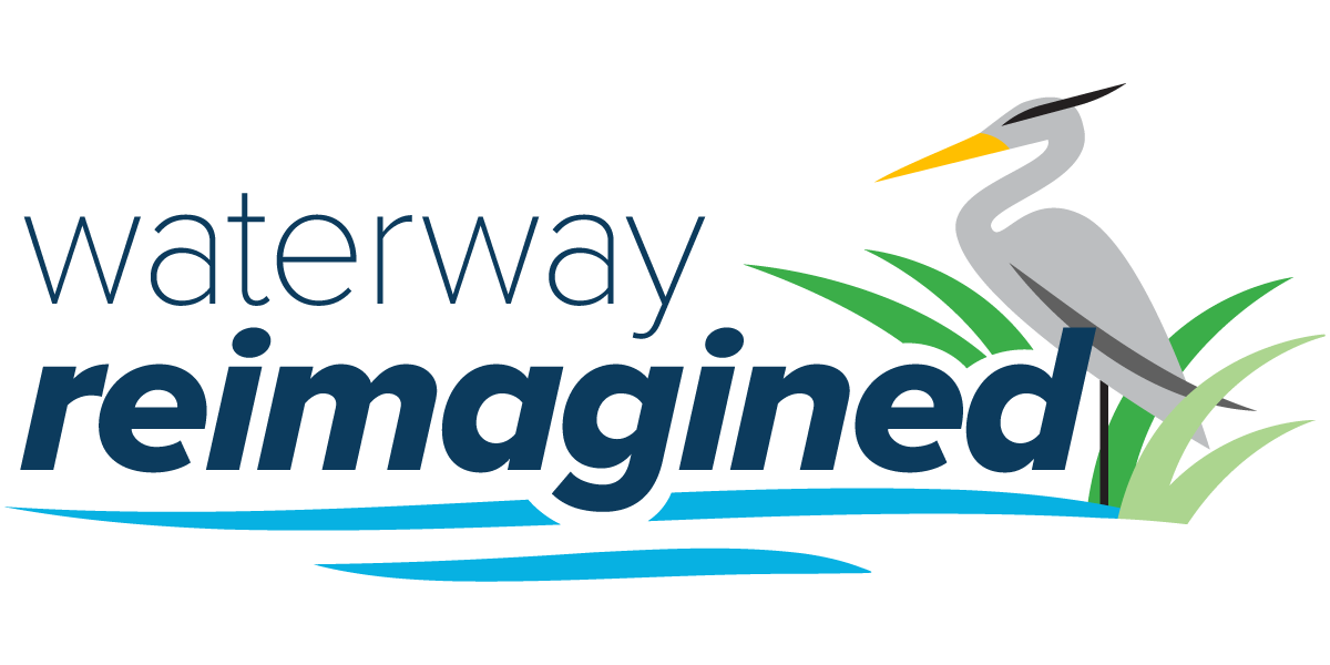 Waterway Reimagined wordmark graphic with an illustration of a heron on the right side.