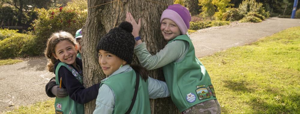 Girl Scouts hugging a tree in the Arboretum