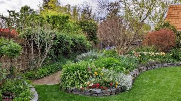 Garden featuring lush green plantings and a flower bed surrounded by stone.