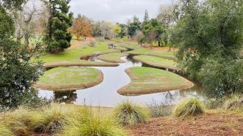 A view from above of the reimagined waterway with clear water running between small islands, the waterway is surrounded by lush trees and shrubs.