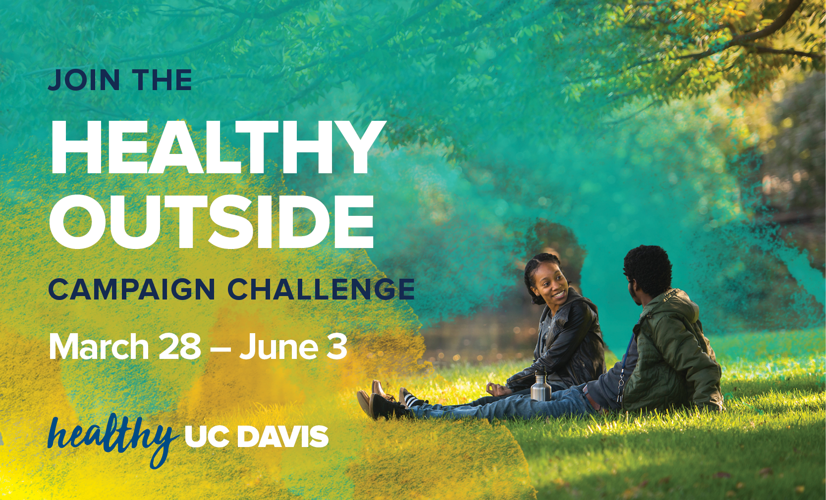 Link showing two visitors in the Arboretum that encourages people to participate in the Healthy Outside Campaign Challenge from March 28-June 3.