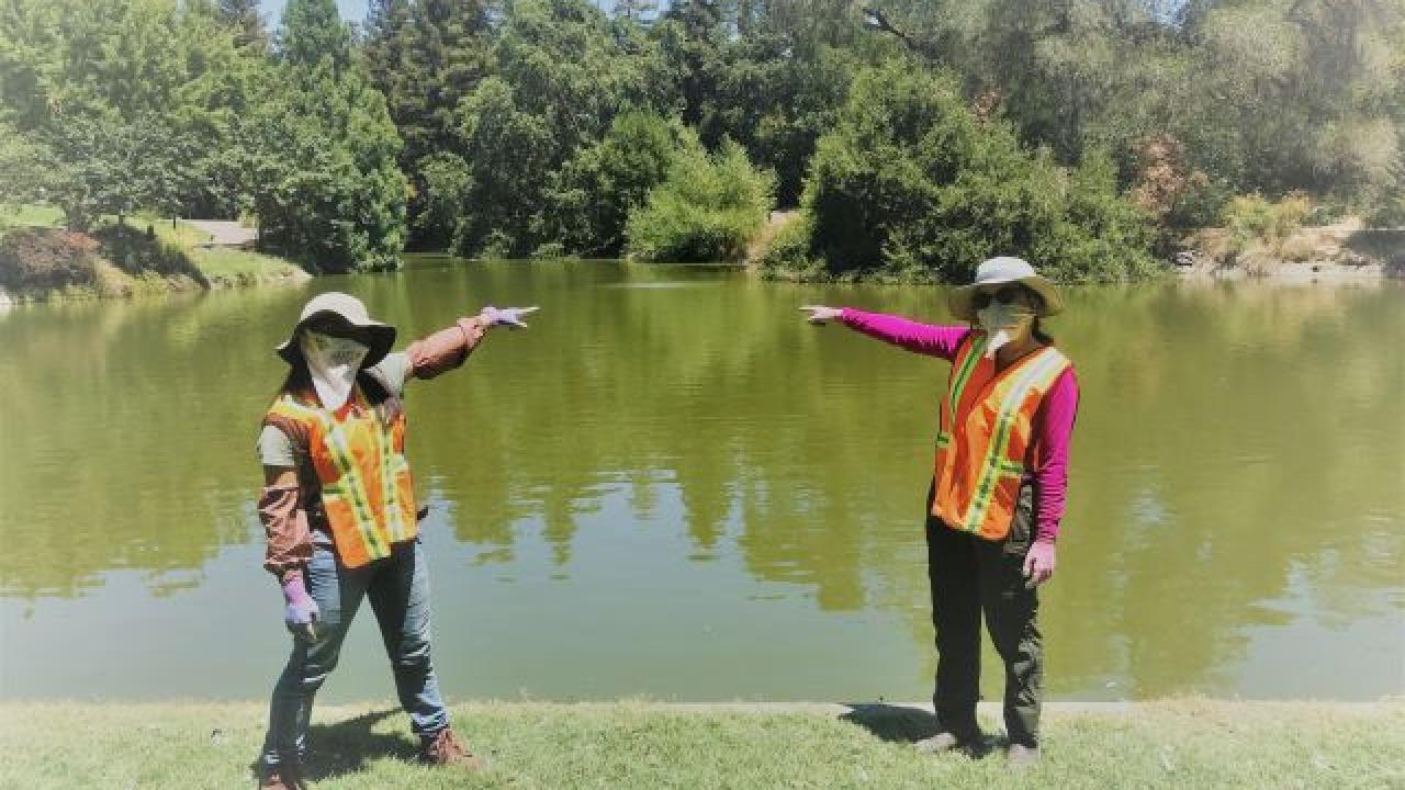 Waterway Stewardship Learning by Leading Co-Coordinators pointing to the air bubbles created by the air-powered circulator in Lake Spafford.