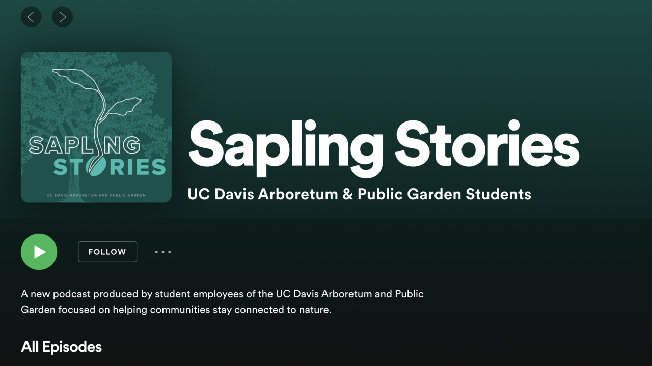 Image of spotify page featuring Sapling Stories by the UC Davis Arboretum and Public Garden's Learning by Leading Museum Education interns.