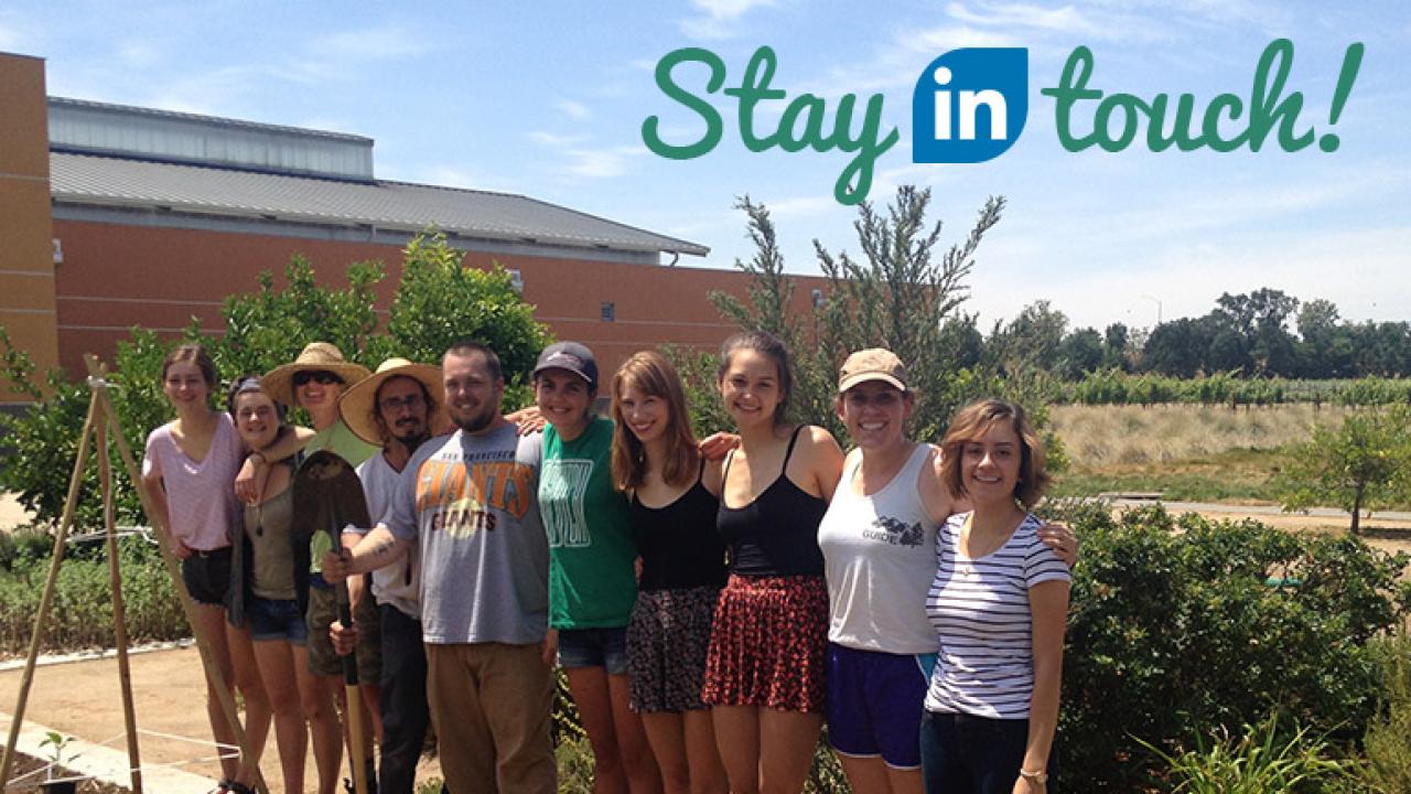 picture of edible landscape interns with "Stay in touch" added in the corner