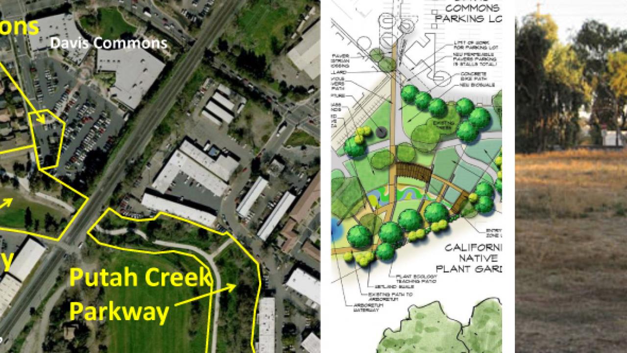 3 images: 2 maps of planned improvements and an image of a grassy field