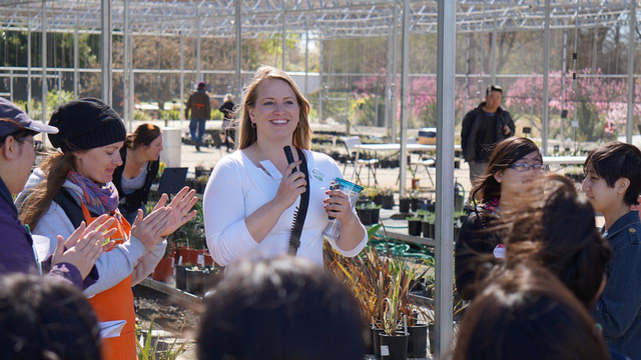 While a student with the Arboretum, Missy Gable helped develop exhibits in the Ruth Risdon Storer Garden and she worked to promote the Arboretum All-Stars program. Missy is now director of the California Master Gardener Program. woman speaking to a group of people