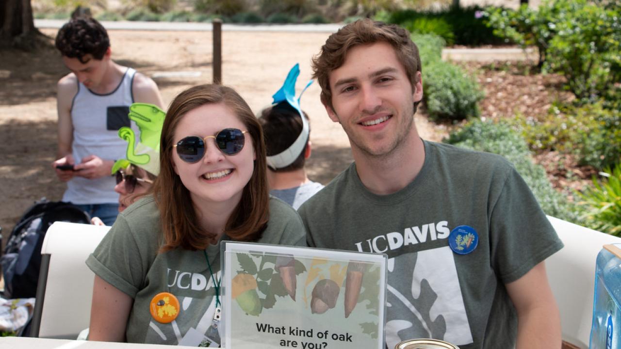 You might have something to learn from oaks! Take our Oak Personality Quiz to see what common traits you share. Two students sit at a table with a sign that reads "Oak Personality Quiz"