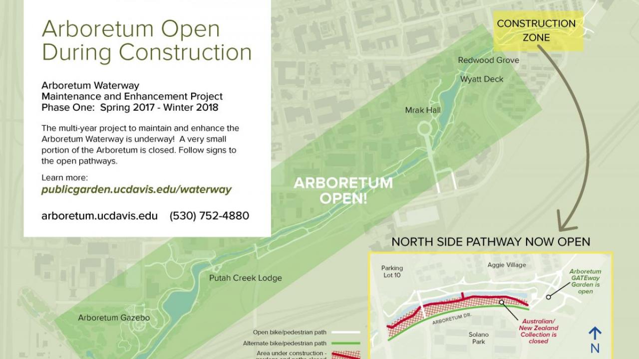 UC Davis Arboretum map which shows the construction detours to accommodate the Arboretum Waterway Maintenance and Enhancement Project.