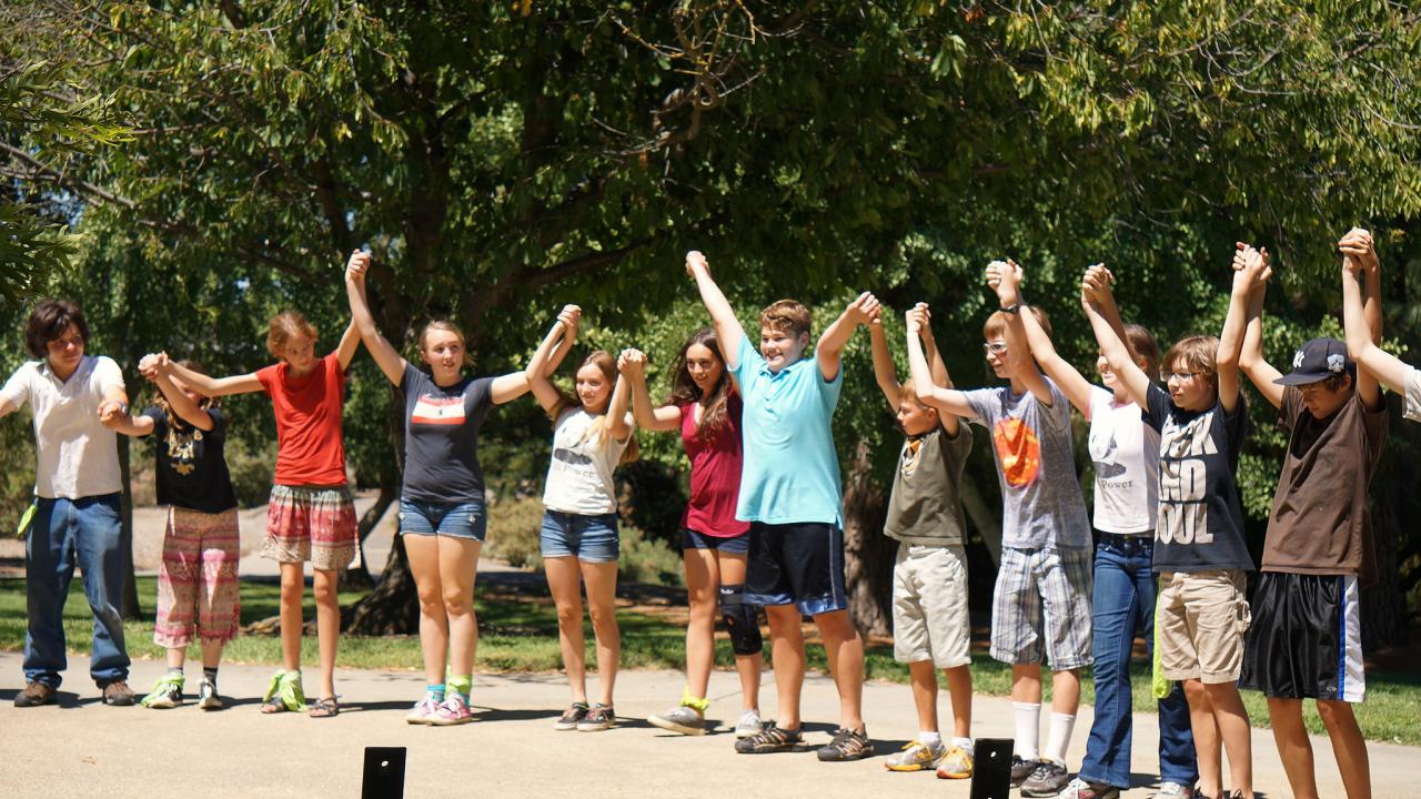 Image of the finale performance of Camp Shakespeare in the UC Davis Arboretum.