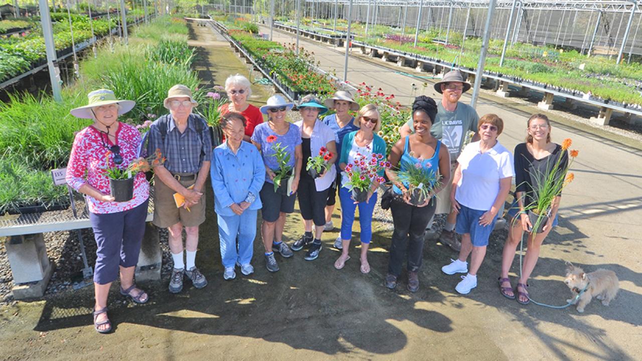Image of volunteers, members, staff and students in the UC Davis Arboretum Teaching Nursery.