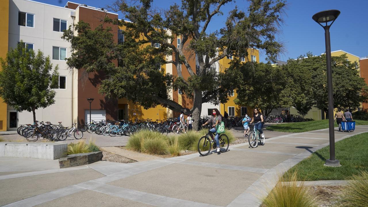 Students biking on a path near Tercero Residence Halls