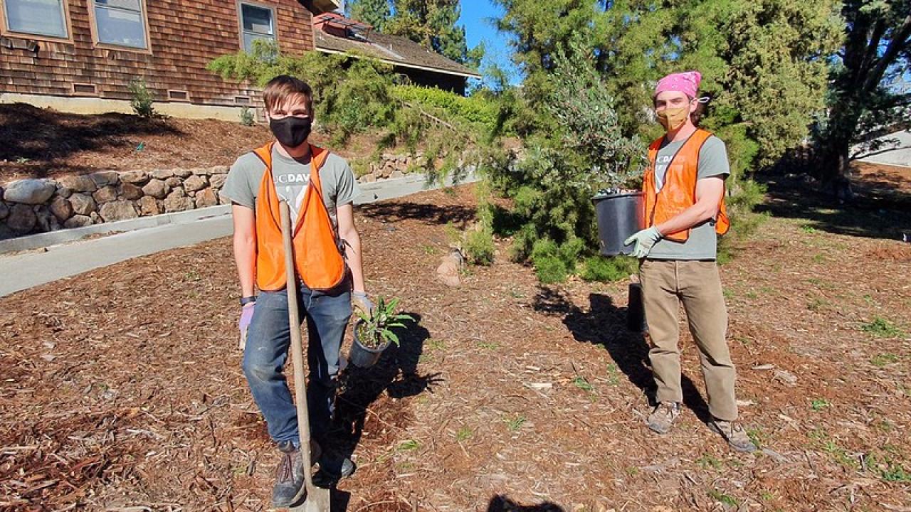 Image of Riley Sholes and Chase Kautz in the UC Davis Arboretum.