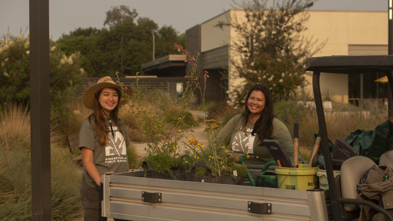 Two arboretum employee stand near a vehicle with plants in the back