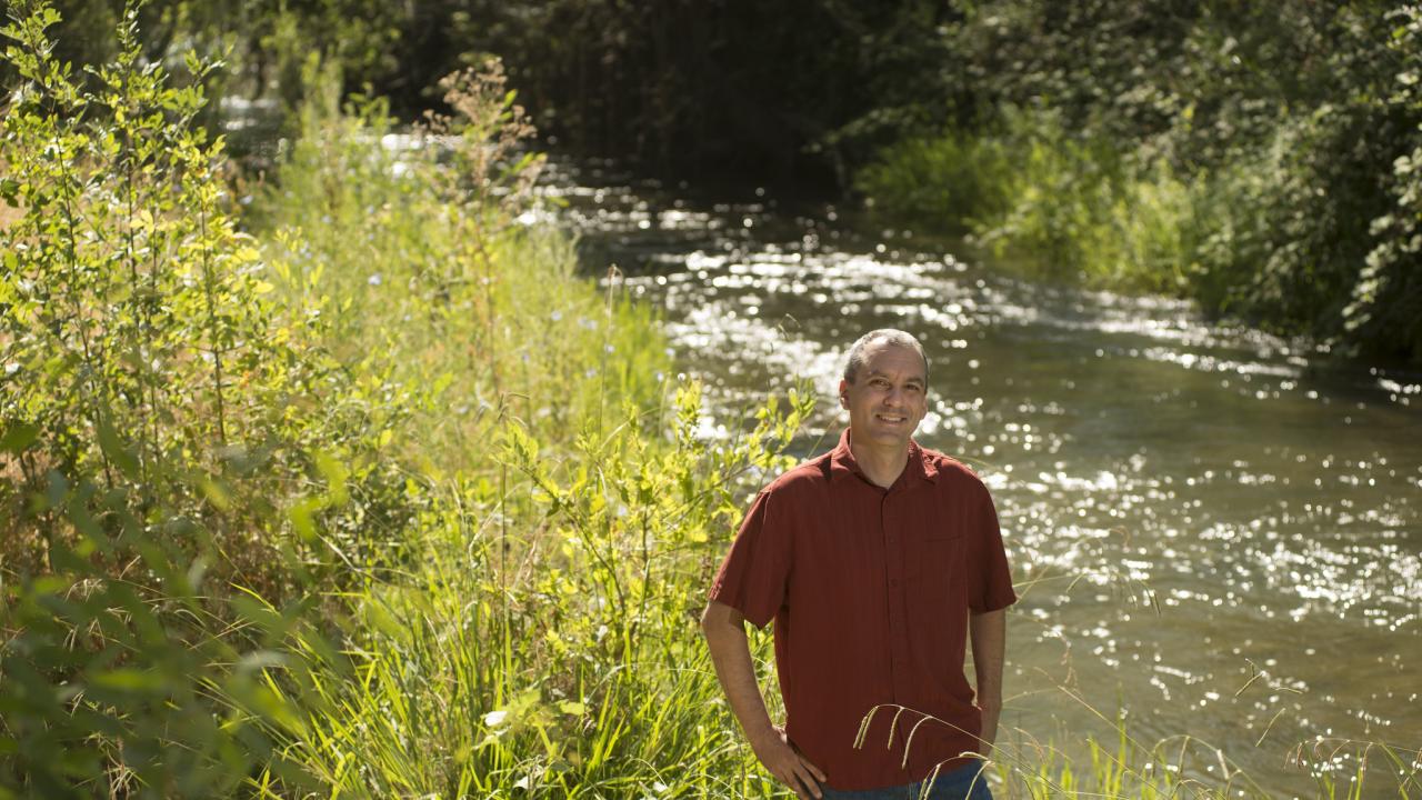 A man in a rust-colored short-sleeve shirt stands smiling beside a lush, sunlit stream surrounded by tall green grasses and foliage. Dappled sunlight sparkles on the water behind him, and dense trees line the shaded background.