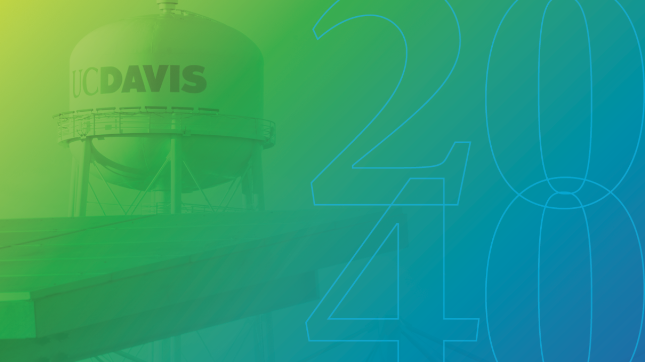UC Davis water tower with solar panels colorized with a gradient that transitions from blue to yellow with green in the middle.
