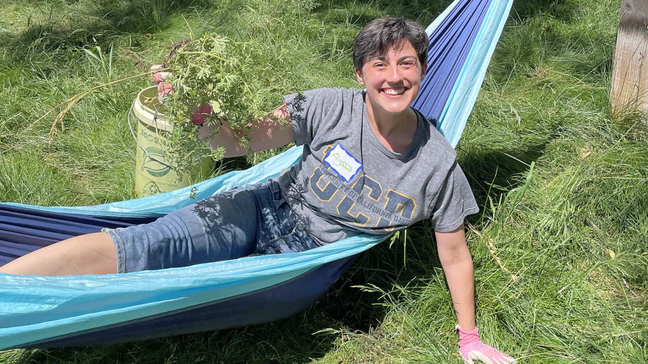 A person lays in a low hammock while showing off their weeding skills.