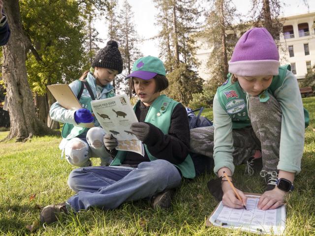Three girl scouts fill out a Healthy Outside activity sheet