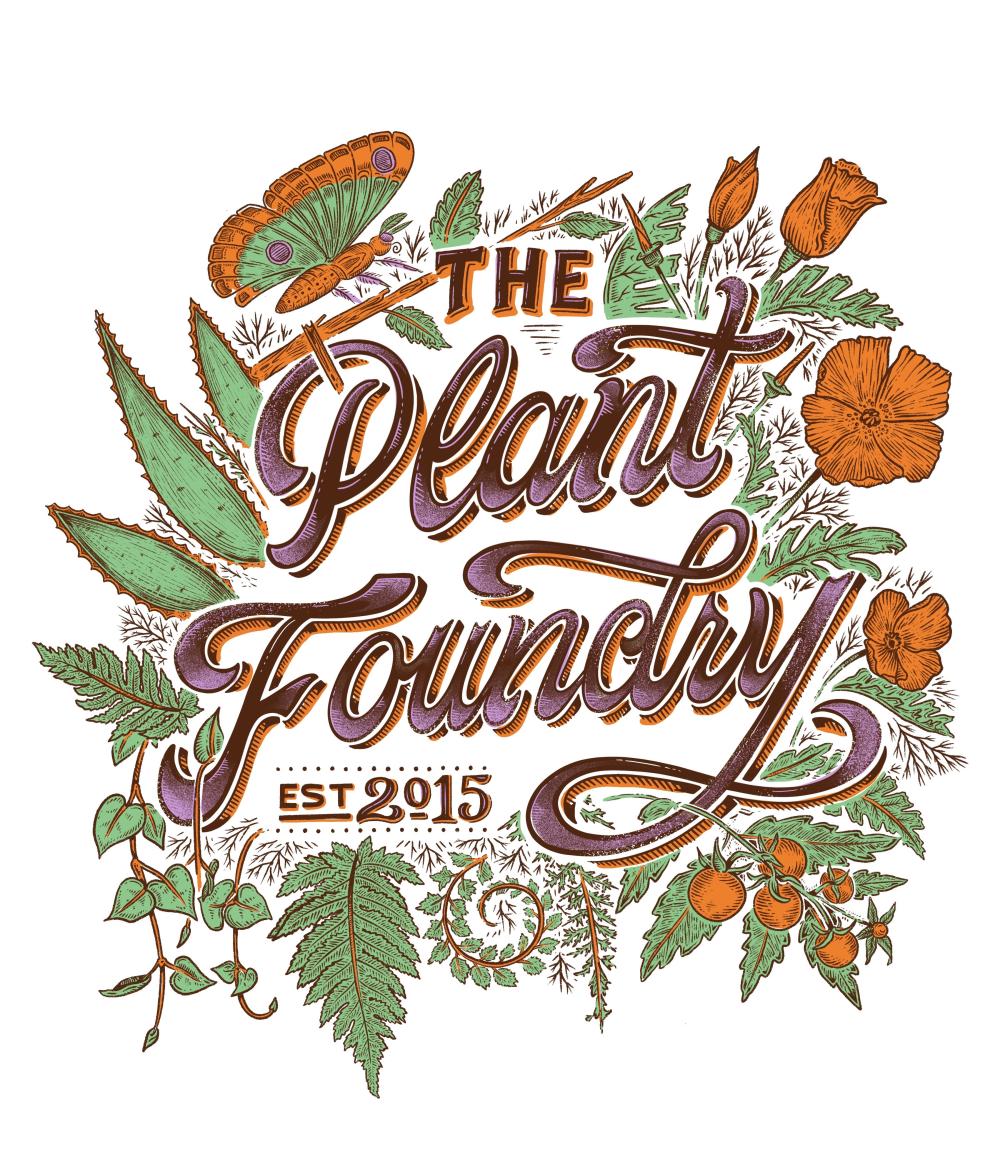 orange and green flowers and leaves surrounding an orange, light purple, and brown logo that reads The Plant Foundry