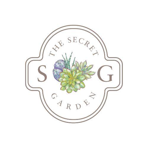 green and purple succulents centered. above text reads the secret. below text reads garden. capital S to the left of centered succulents; capital G to the right
