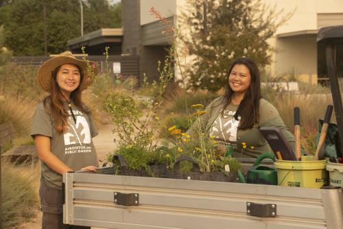 Image of Elizabeth Hursh and Rachel Davis in the UC Davis Arboretum and Public Garden's Hummingbird GATEway Garden.