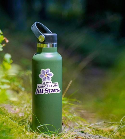 A green reusable water bottle with a UC Davis Arboretum All-Stars logo sticker sits outdoors on the ground surrounded by grass and plants.