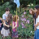 Image of Arboretum Ambassadors with children in the Nature's Gallery Court garden.
