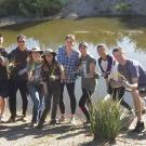 Students on the Learning by Leading Waterway Stewardship team plant sedges and rushes along the newly created banks of the Arboretum Waterway.