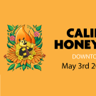 Image of the California Honey Festival logo and wordmark including a graphic with a cartoon bee wearing a tie and popping out of an orange, poppy-like flower.
