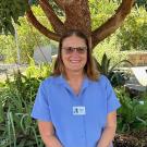 woman wearing glasses sitting down wearing sky blue collared shirt. tree and green foliage in background