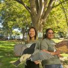 Image of Doris Wu holding a large cut out of a black phoebe bird and Melissa Cruz hold a large cutout of a female mallard duck, both are standing under the shade of a tree in the UC Davis Arboretum and Public Garden.